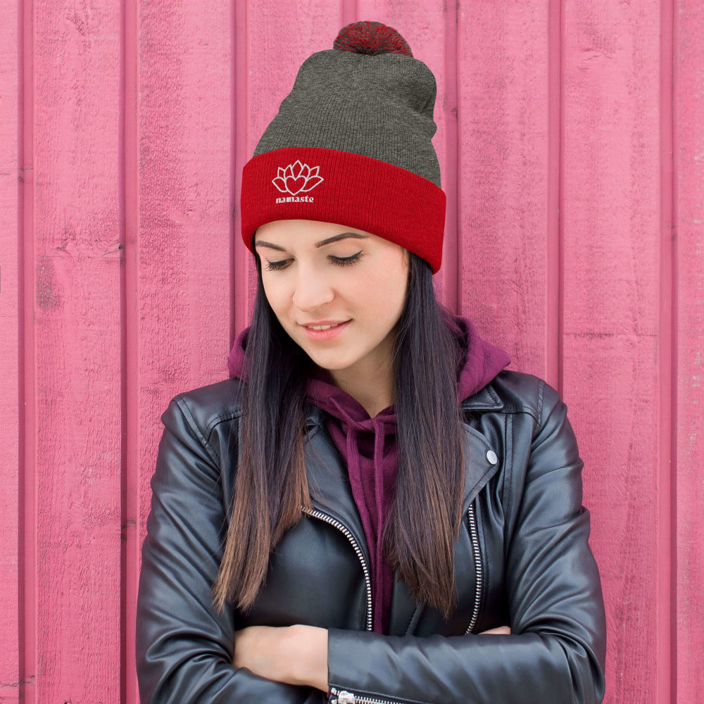 Namaste Pom-Pom Beanie - Dark Heather Grey/Red